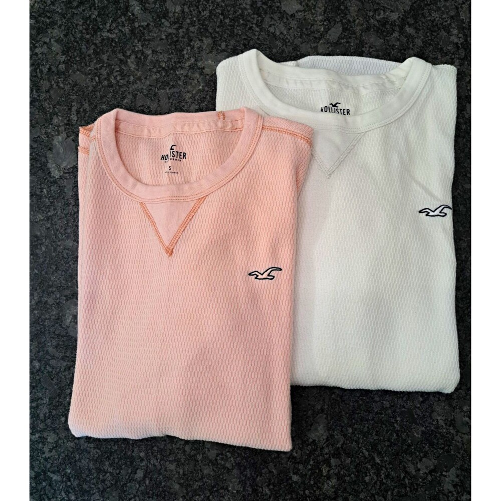 Hollister Lot of 2 Waffle Knit Long Sleeve Shirts Size S Pink White Cotton Blend